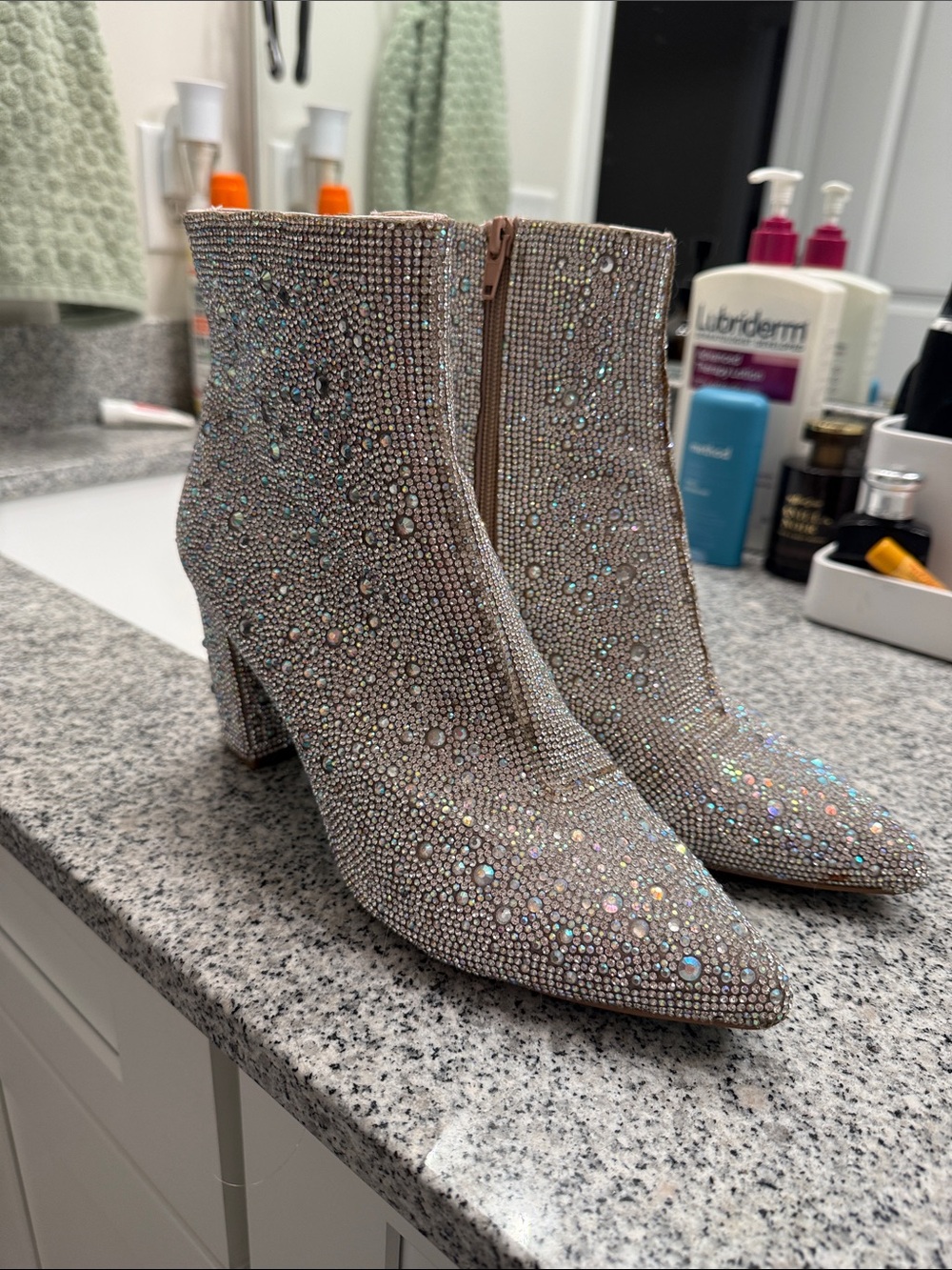 Betsy Johnson Embellished Crystal Ankle Boots in Iridescent Silver